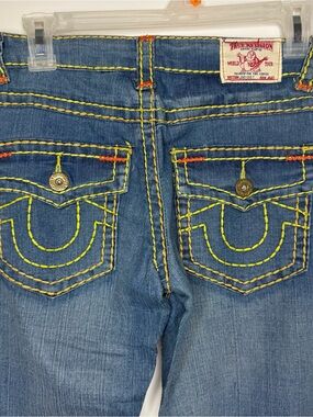 True Religion Women's Blue Denim Bootcut Jeans with Yellow Stitching
